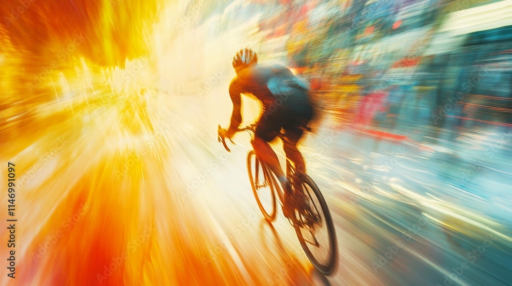 Poster cyclist speeds through a vibrant city with dynamic motion blur effects. generative ai