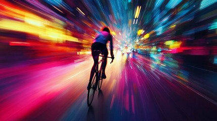 Cyclist racing through vibrant city lights at night with motion blur. Generative AI
