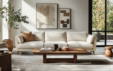 A sleek mid-century modern sofa with clean lines, neutral fabric, and tapered wooden legs