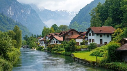 Fototapeta premium A quaint village nestled among towering mountains and lush greenery.