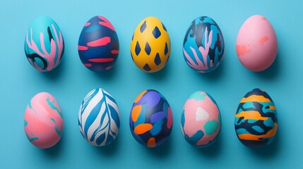 Obraz premium Brightly painted eggs with vibrant designs arranged in a colorful display. Generative AI