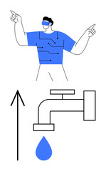 Man using augmented reality gestures above smart water faucet with upward arrow and water droplet. Ideal for technology, innovation, future trends, smart solutions, water conservation