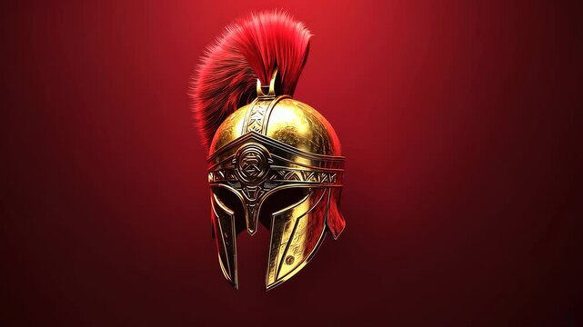 Gorgeous golden helmet in the style of Ancient Greece, adorned with a red plume.