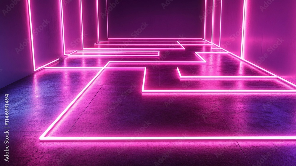 Poster bright neon lines create a maze-like path in a dark space. generative ai