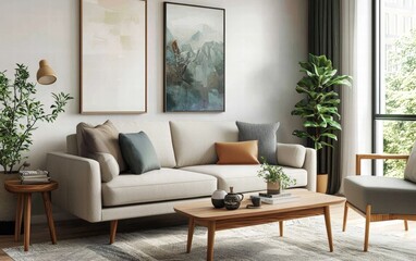 A sleek mid-century modern sofa with clean lines, neutral fabric, and tapered wooden legs