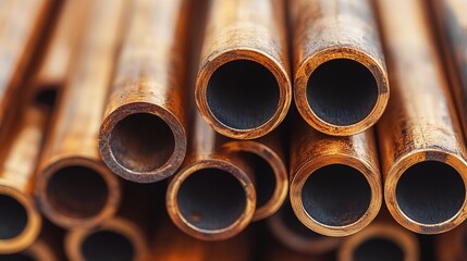 Stacks of Copper Pipes with Visible Rust.