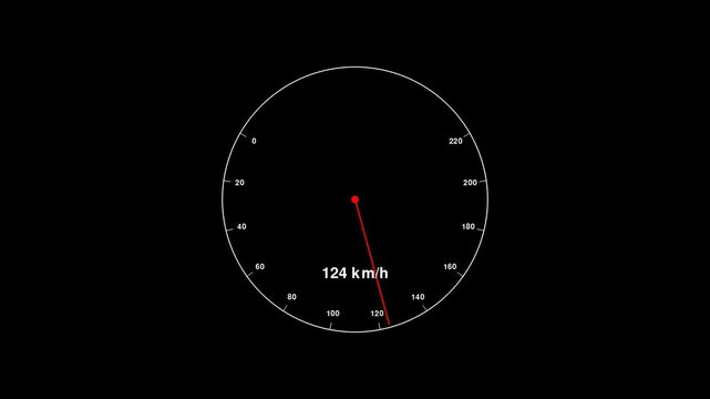 A minimalist speedometer animation rendered in white against a black background, featuring thin lines for numerical markers and a sleek red needle. The design emphasizes clean, modern aesthetics with 