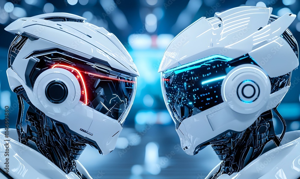 Poster two robots facing each other closely in futuristic setting
