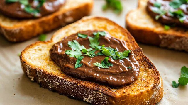 A delicious slice of Vegemite on perfectly toasted bread, garnished with fresh herbs.