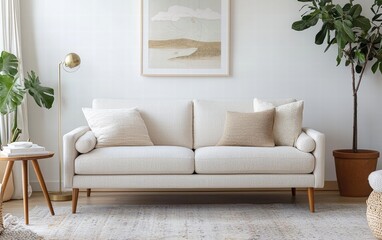 A sleek mid-century modern sofa with clean lines, neutral fabric, and tapered wooden legs
