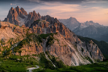 Sunset view of the Cadini Group. View from the Auronzo refuge. Ending day in the Dolomites. Famous...
