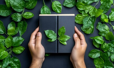 Top View of Electronic Reader Mockup Surrounded by Green Leaves