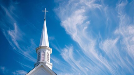 Copy space featuring a church steeple against a clear blue sky, symbolizing hope