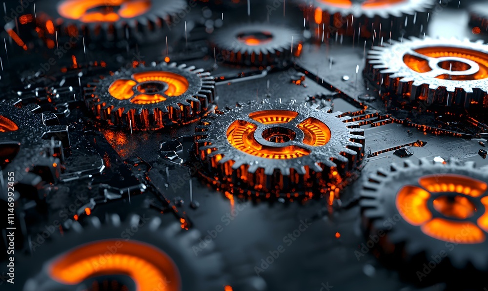 Poster detailed view of rusty gears with glowing elements in machinery