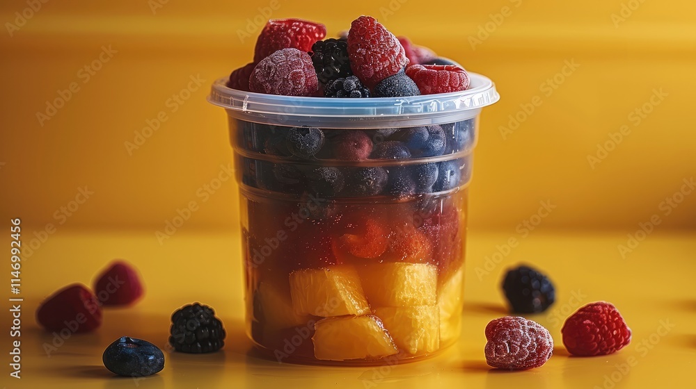 Poster Mixed fruit inside smoothie container. on yellow background.