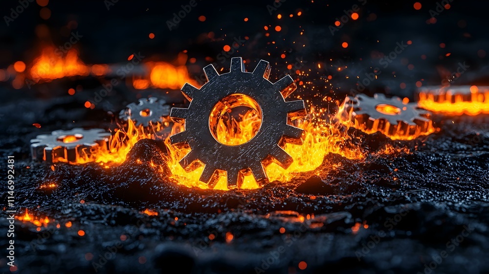 Poster rusty gears in fiery landscape symbolizing programming concepts