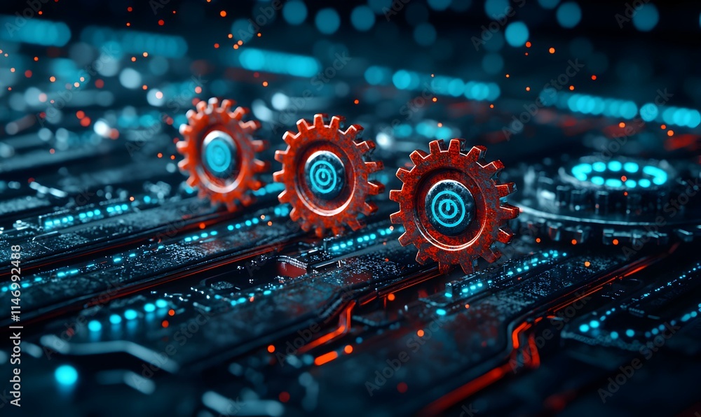 Poster conceptual gears on a circuit board representing programming innovation