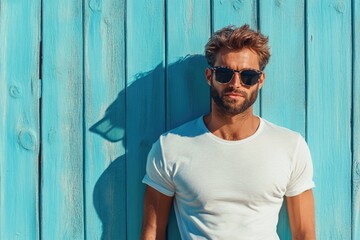 Stylish man in sunglasses poses near blue beach wall.