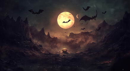 Fototapeta premium A haunting Halloween setting features a glowing pumpkin illuminated in the foreground. The bright full moon and wispy clouds create an ominous atmosphere, while bats soar through a misty night sky.