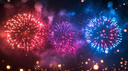 Fireworks lighting up a night sky over a city skyline, vibrant colors and cinematic composition, ultra-high quality 