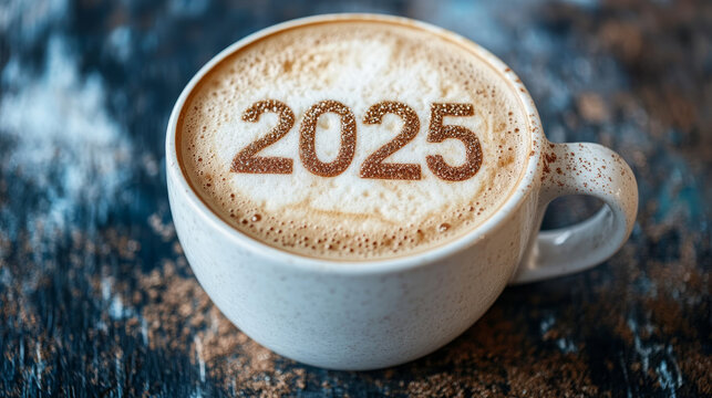 Happy New Year 2025 theme number 2025 over frothy surface of cappuccino served in white coffee mug holding by female hands on violet background. Holidays food art, new year new you. (top view)