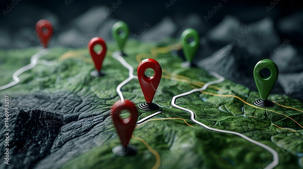Poster detailed map with location pins and routes for navigation
