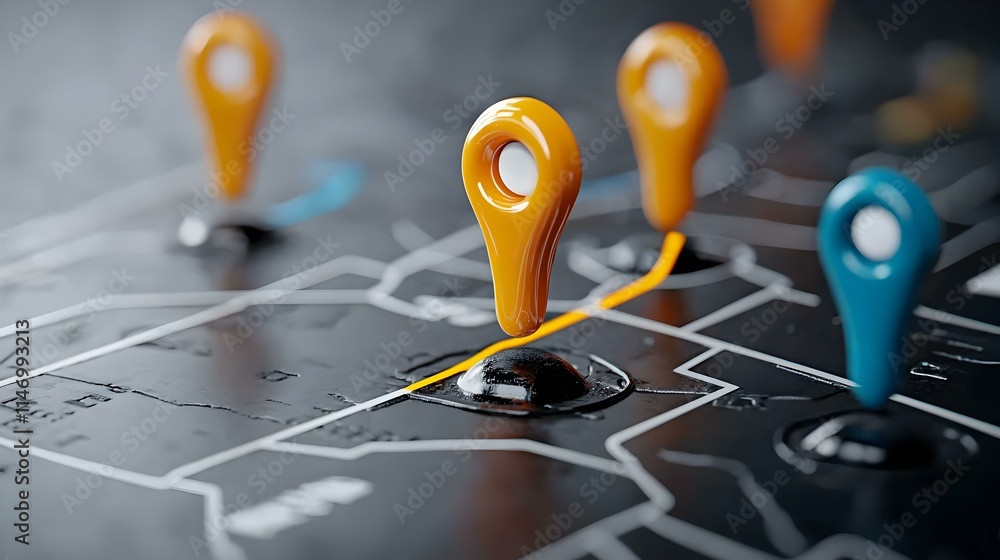 Poster colorful map pins and routes on a detailed location map