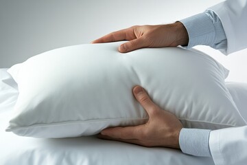Hands adjusting a white ergonomic pillow in a professional setting.
