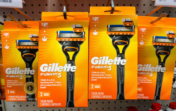 Gillette Fusion 5 razors on a store wall display. Valparaiso, IN USA December 20, 2024