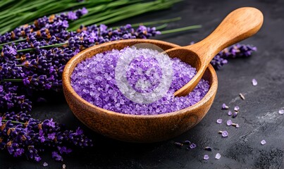 Lavender Sea Salt in Wooden Bowl with Spoon and Lavender Stems