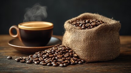 Steaming espresso cup beside burlap sack of coffee beans.