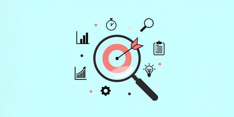Focus and Strategic Planning conceptual vector illustration with central Target and magnifying glass surrounded by Minimalist Business Icons.