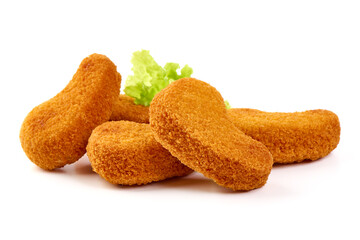 Crispy chicken nuggets, isolated on white background.