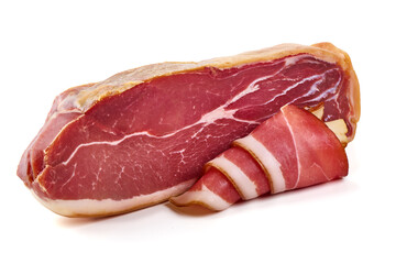Delicious Serrano ham, cured jamon iberico, isolated on white background.