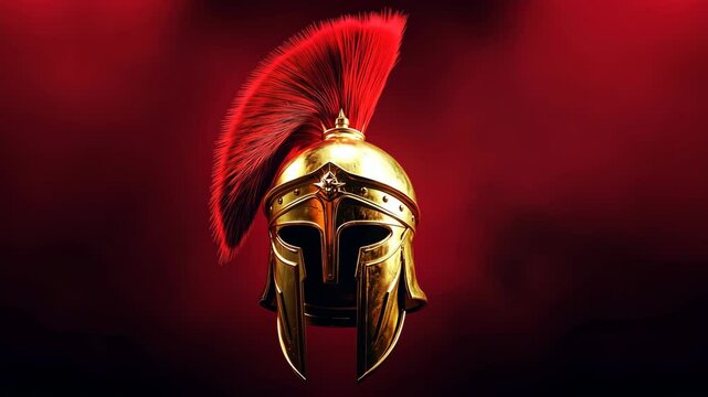 Gorgeous golden helmet in the style of Ancient Greece, adorned with a red plume.