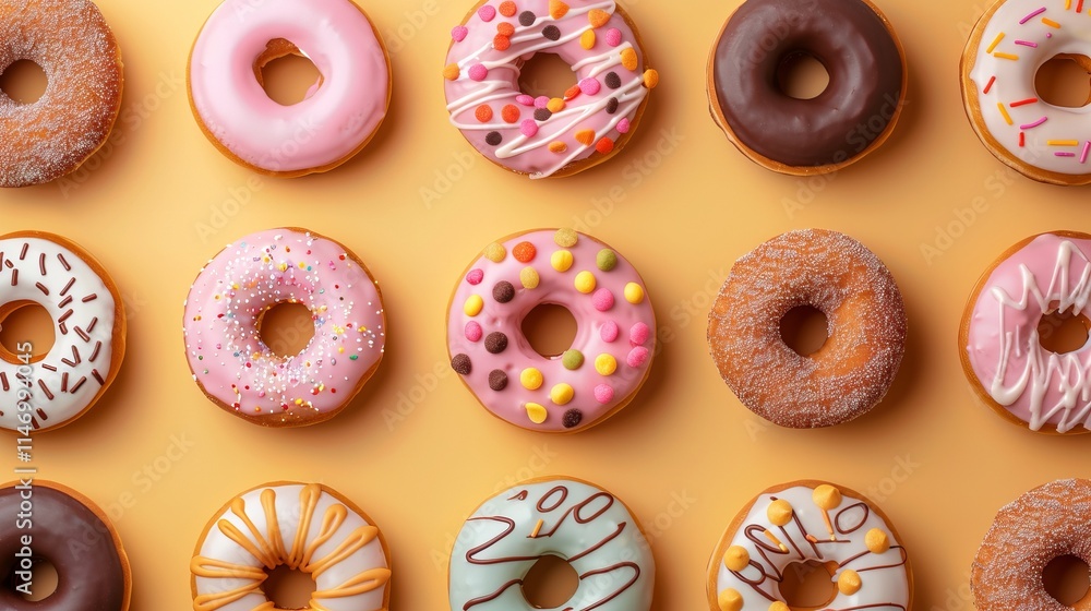 Poster a variety of colorful donuts with different toppings displayed in a neat pattern on an orange backgr