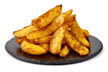 Homemade baked potato wedges, baked potatoes, isolated on white background.