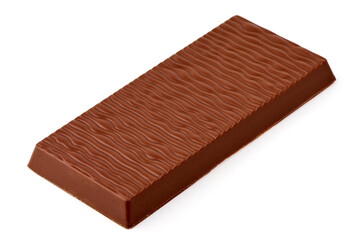 Milk chocolate bar with textured surface, isolated on white background.