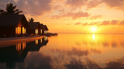 Fototapeta premium Smooth reflections of golden sunset hues on calm ocean waters in Maldives