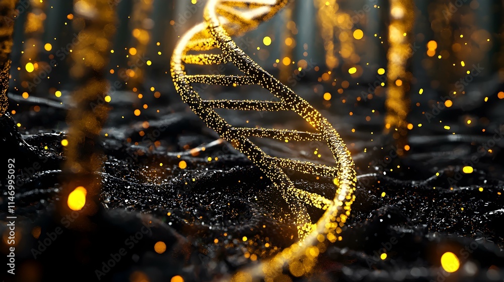 Poster glowing dna strands with particles in a mysterious setting