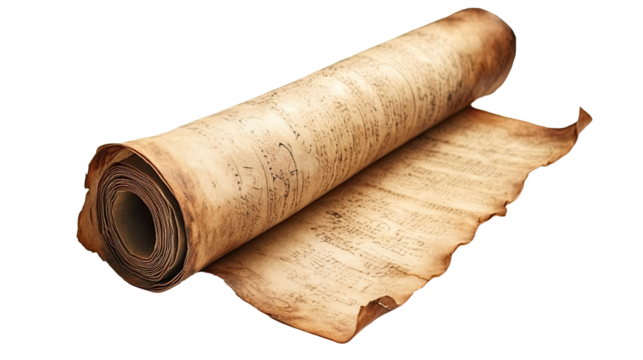 Horizontal paper scroll or parchment manuscript isolated on white transparent background