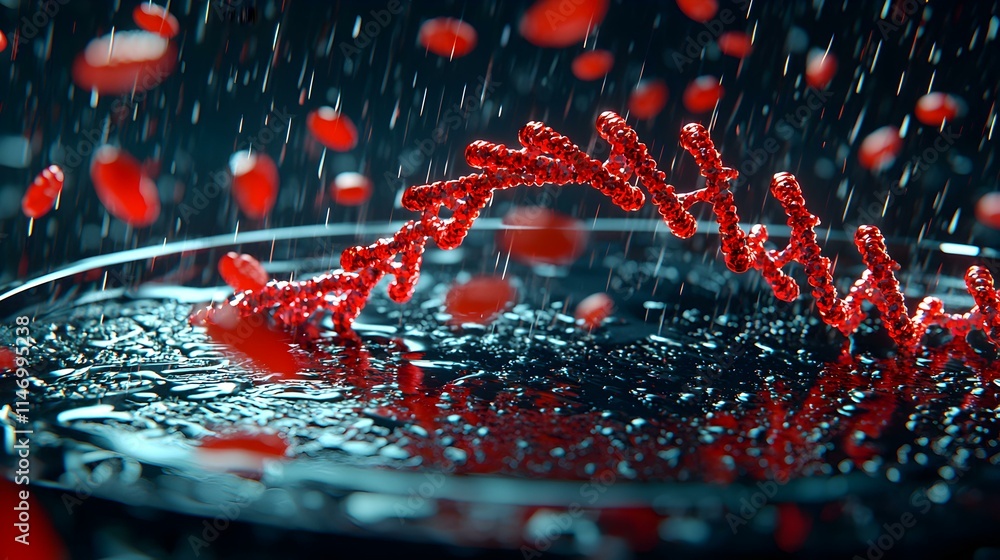 Poster digital representation of dna strands in motion with red particles