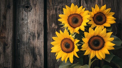 Obraz premium Vibrant yellow sunflowers against a rustic wooden backdrop, close-up shot, Minimalist style