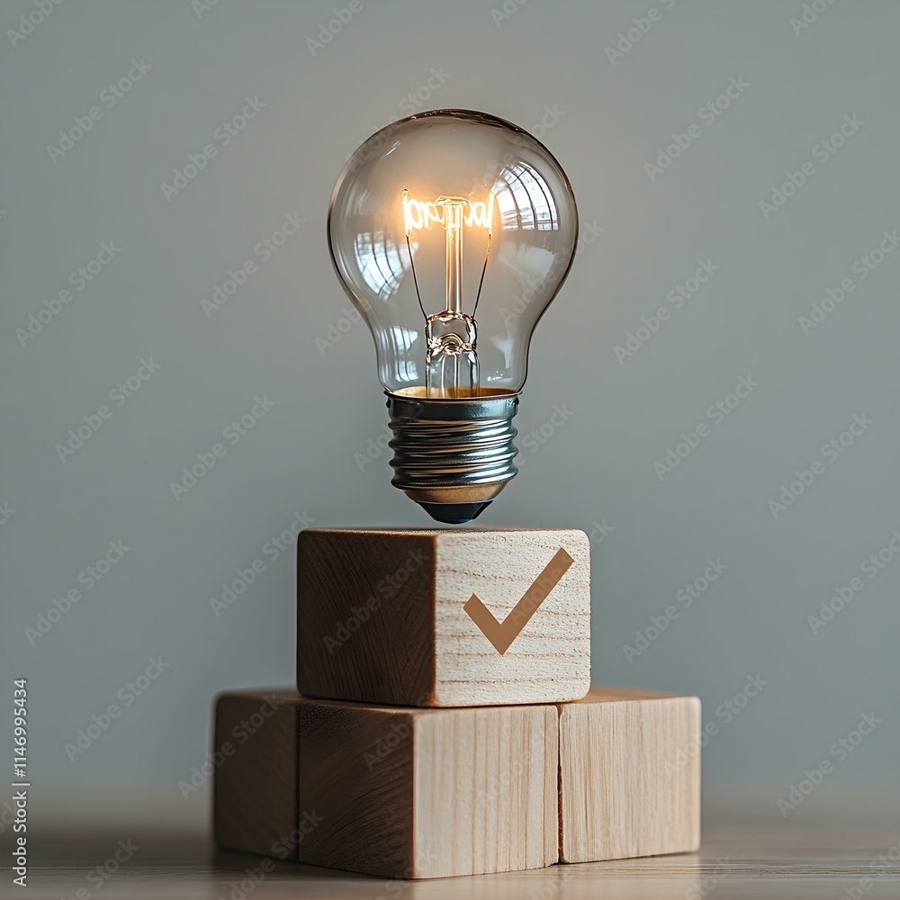 Poster conceptual light bulb illuminating on wooden block display