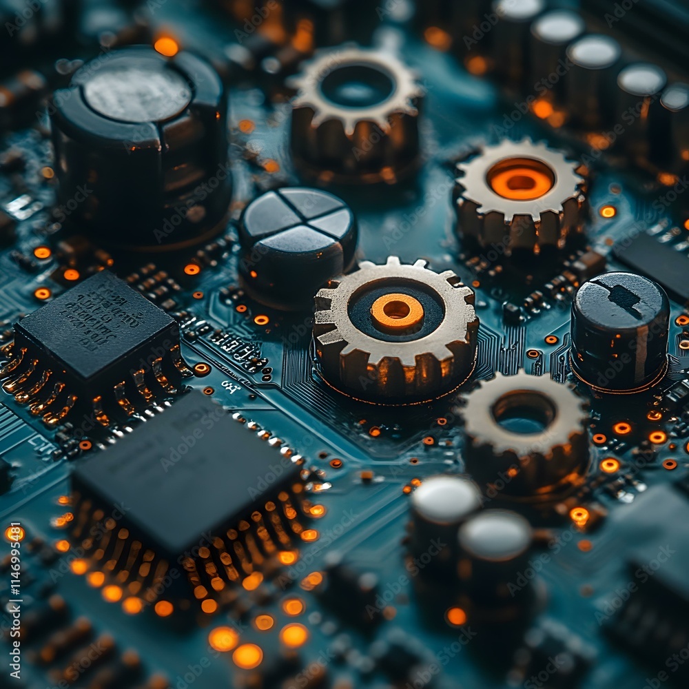 Aufkleber close-up view of gears on a circuit board with electrical components