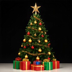 a festive Christmas tree with lush, green branches adorned with gold, red, and yellow ornaments