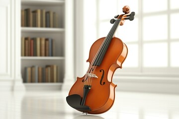 Close-up of hands playing a violin, with a blurred background of a music room with white walls