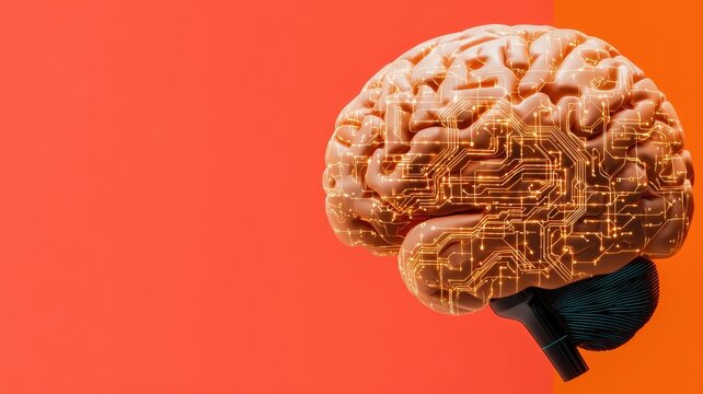 A stylized brain with circuit patterns on a vibrant orange background, symbolizing the blend of neuroscience and technology.