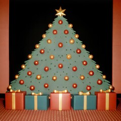 a festive Christmas tree with lush, green branches adorned with gold, red, and yellow ornaments