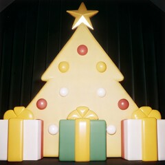 a festive Christmas tree with lush, green branches adorned with gold, red, and yellow ornaments